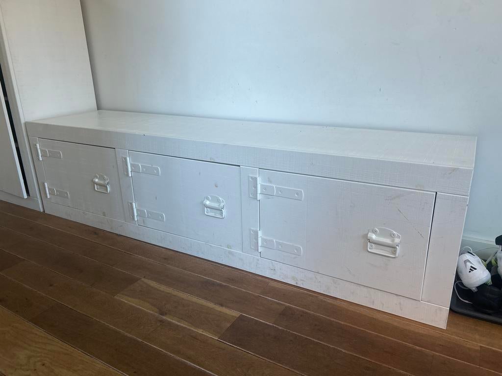 VT Wonen Bunk lage kast - Wit houten opbergbank, Ophalen, Gebruikt