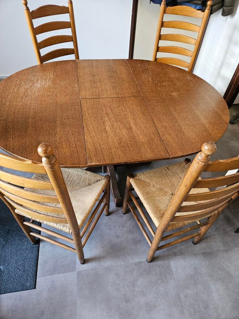 Eethoek, ronde tafel uitklapbaar, Ophalen of Verzenden, Gebruikt, 4 tot 6 stoelen