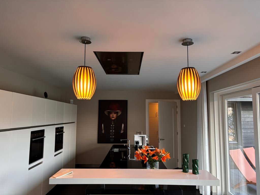 Set van 2 Italiaanse design hanglampen (Foscarini-stijl), Ophalen, Zo goed als nieuw, Glas, Minder dan 50 cm