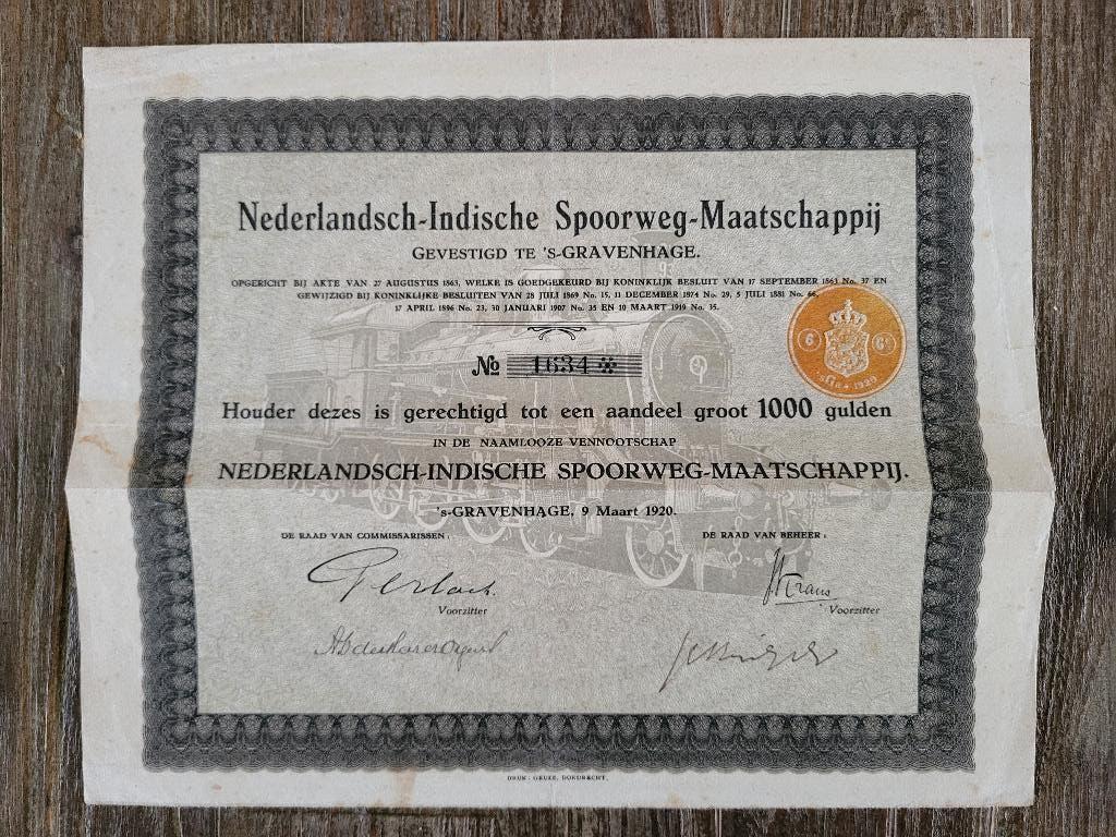 Nederlandsch-Indische Spoorweg-Maatschappij groot 1000 gld, Postzegels en Munten, Aandelen en Waardepapieren, Ophalen of Verzenden