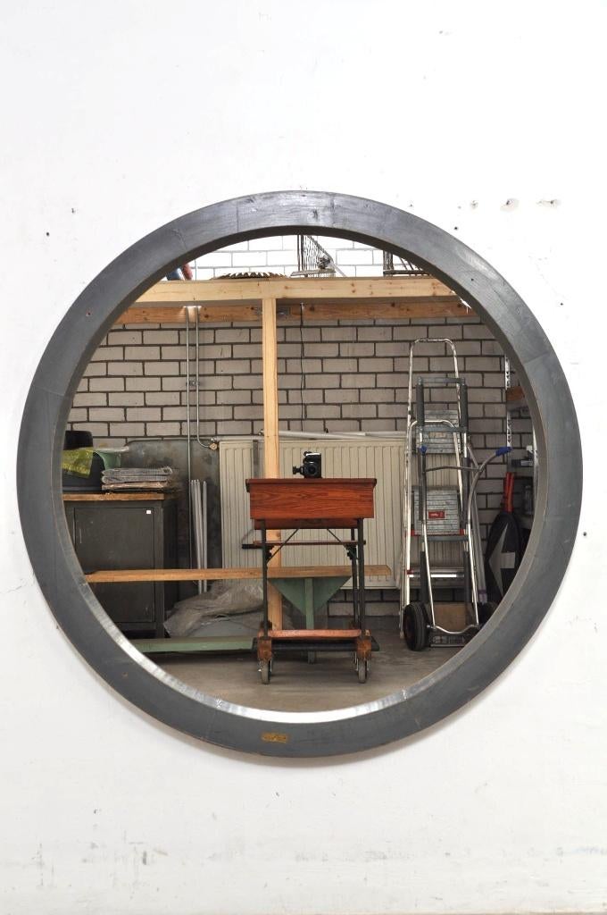 Vintage industriële spiegel houten mal spiegels 125 cm, Gebruikt, 100 tot 150 cm, Rond, Ophalen of Verzenden