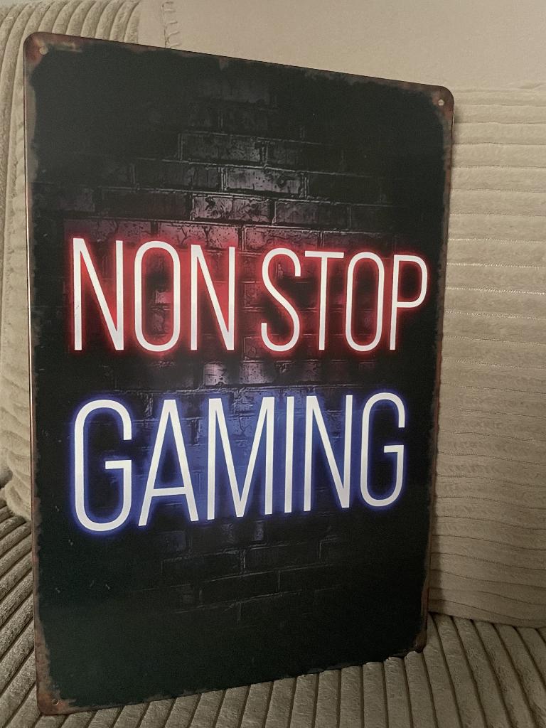 NON STOP GAMING metalen tekstbord (Old Look), Www.pand50.nl, Nieuw, Ophalen of Verzenden, Printer29BCoevorden