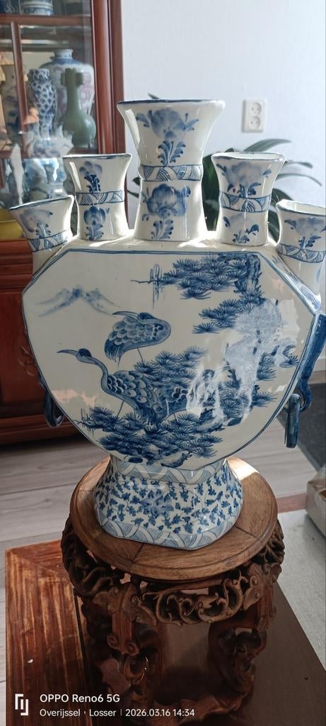 Antieke Chinese Tulpenvaas Blauw-Wit Kraanvogels, Antiek en Kunst, Antiek | Vazen, Ophalen of Verzenden