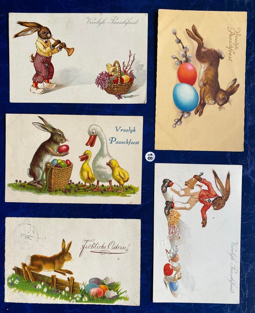 5 x antieke paaskaarten, oa. 1933, paashaas, zeer oud, Gebruikt, Ophalen of Verzenden, X, X