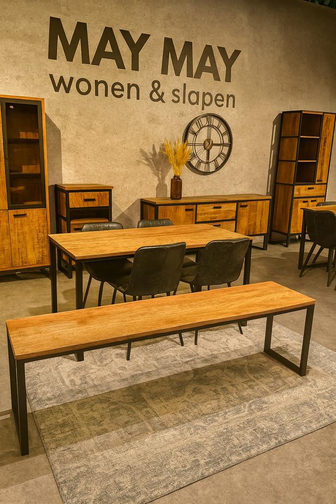 Eettafel/Zitbankje mangohout/Metaal Direct/Leverbaar E-7240