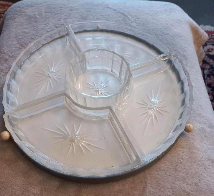 Antiek Kristal glazen Lazy Susan serveerschaal op voet, Huis en Inrichting, Gebruikt, Schaal, Rond, Ophalen of Verzenden