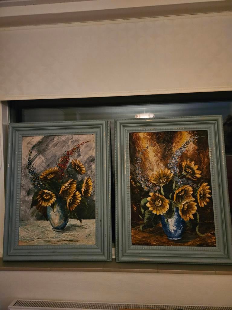 Tweeluik Schilderij met Zonnebloemen, Ophalen of Verzenden