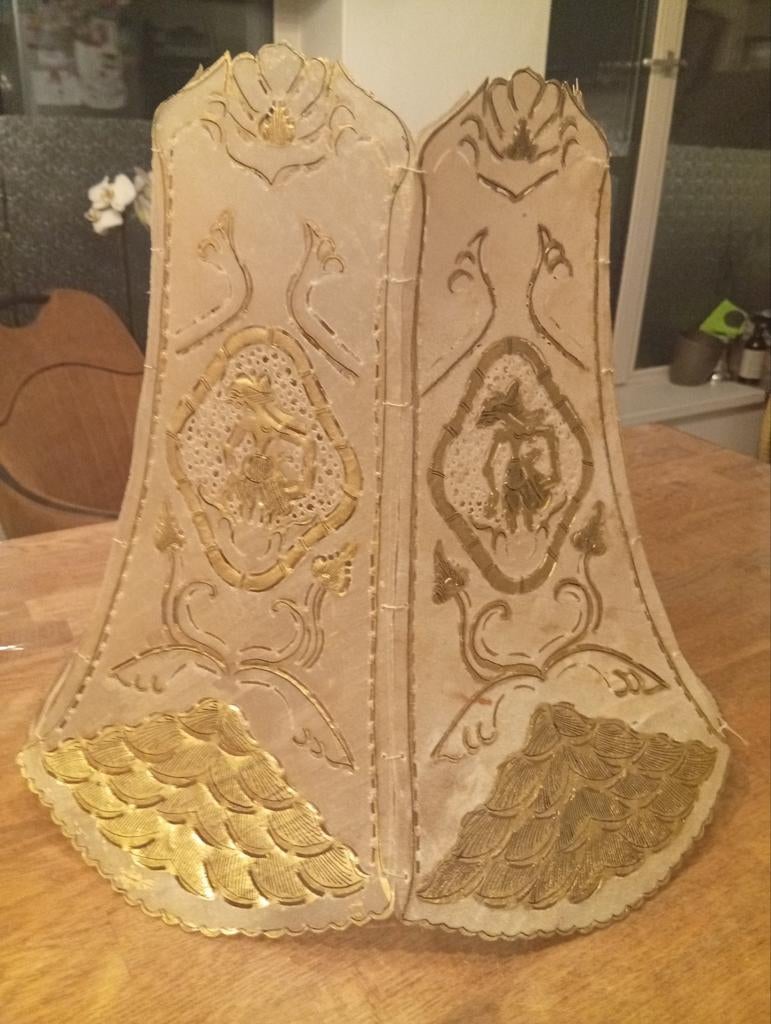 Vintage wajang leren Lampenkap  uit Java Indonesië, Crème, Gebruikt, 25 tot 50 cm, Vintage