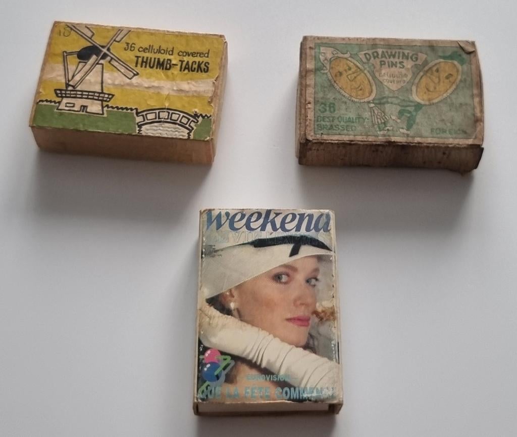 Vintage doosjes lucifer, punaises en duimspijkers, Verzamelen, Ophalen of Verzenden, Gebruikt, Luciferdoosjes of -merken