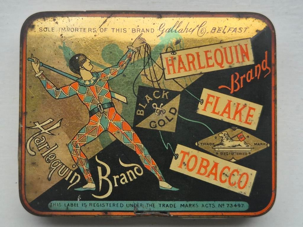 Harlequin Flake Tobacco blik Belfast london, Verzamelen, Blikken, Ophalen of Verzenden, Gebruikt, Overige