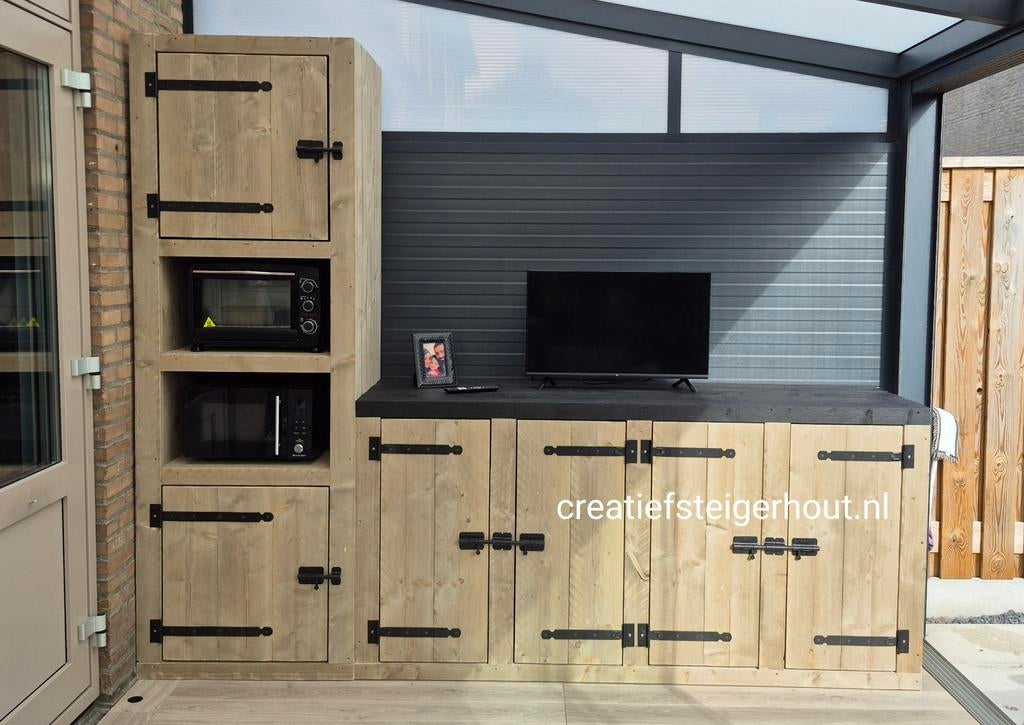 Steigerhouten keuken met hoge kast voor magnetron en oven, Ophalen of Verzenden, Nieuw, Elektrisch, Vrijstaand