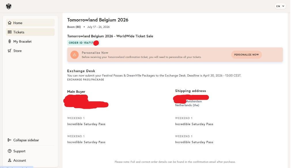 Tomorrowland Week 1 Incredible Saturday Pass 18 juli (x4), Drie personen of meer