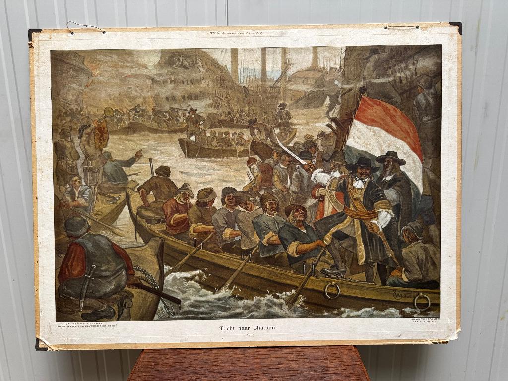 antiek SCHOOLPLAAT TOCHT NAAR CHATTAM 1667 Michiel de Ruyter, Antiek en Kunst, Antiek | Schoolplaten, Geschiedenis, Ophalen