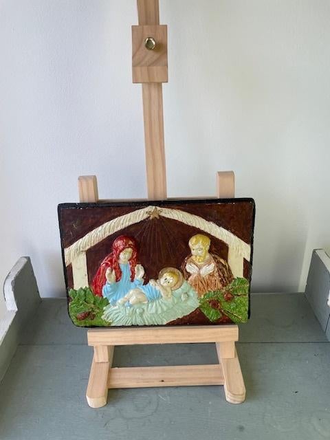 Vintage plaquette van steen. Kerstmis kersttafereel geboorte, Diversen, Kerst, Ophalen, Gebruikt