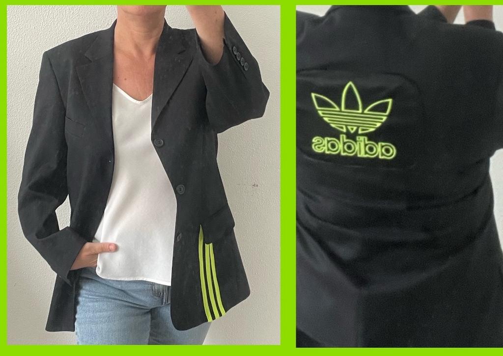 Unieke Adidas restyle blazer zwart met neon groen, Ophalen of Verzenden, Gedragen, Maat 38/40 (M), Zwart