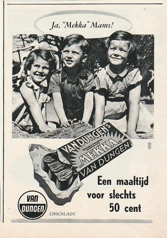 Retro reclame 1954 Van Dungen chocolade kindjes Mekka, Verzenden, Overige typen