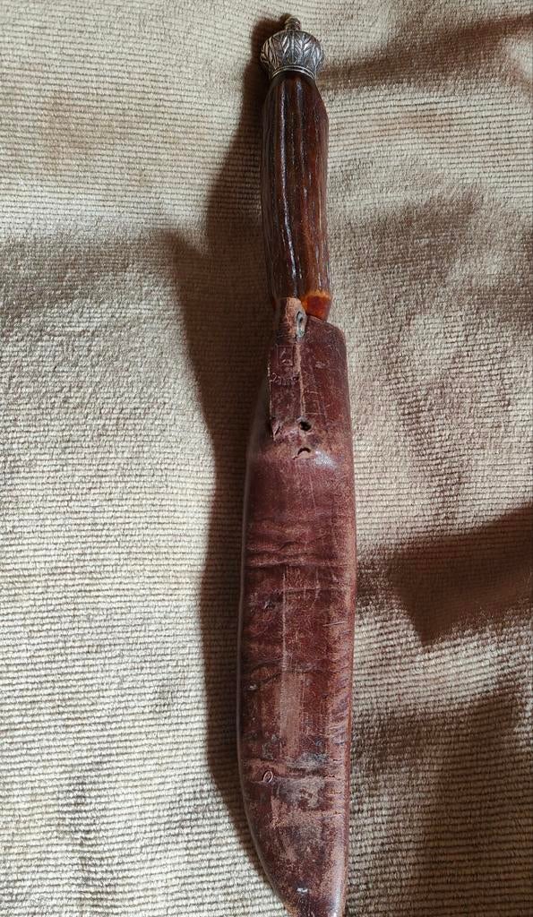 Antiek jacht mes met hoornen handvat en leren schede, Ophalen of Verzenden