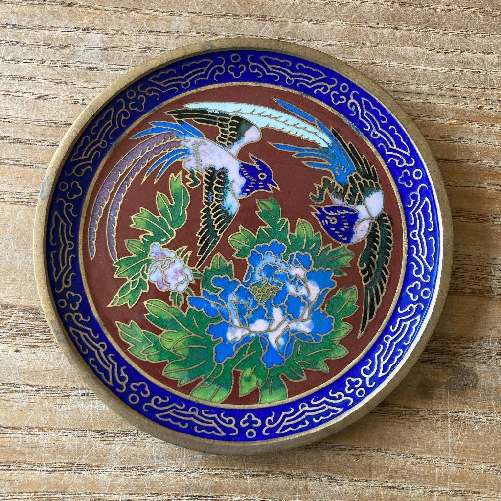 Vintage cloisonné koperen emaille bordje met vogels Ø 11,3cm, Ophalen of Verzenden