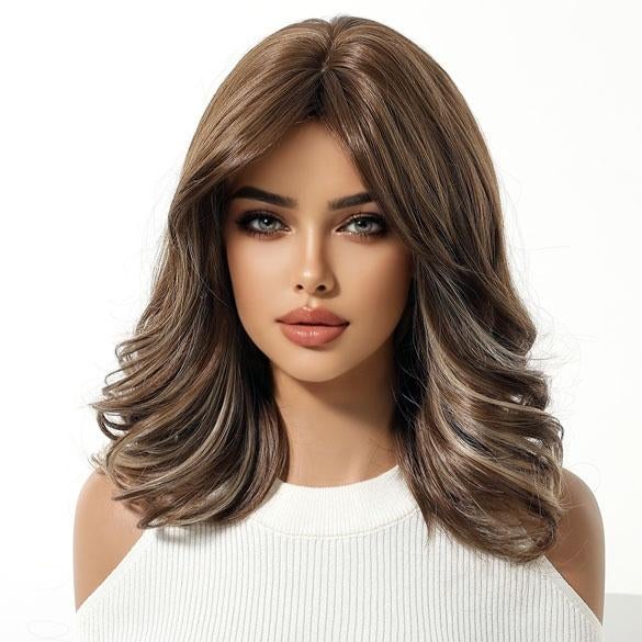 Pruik halflang haar in laagjes met pony lichtbruin met highl, Sieraden, Tassen en Uiterlijk, Uiterlijk | Haarverzorging, Verzenden