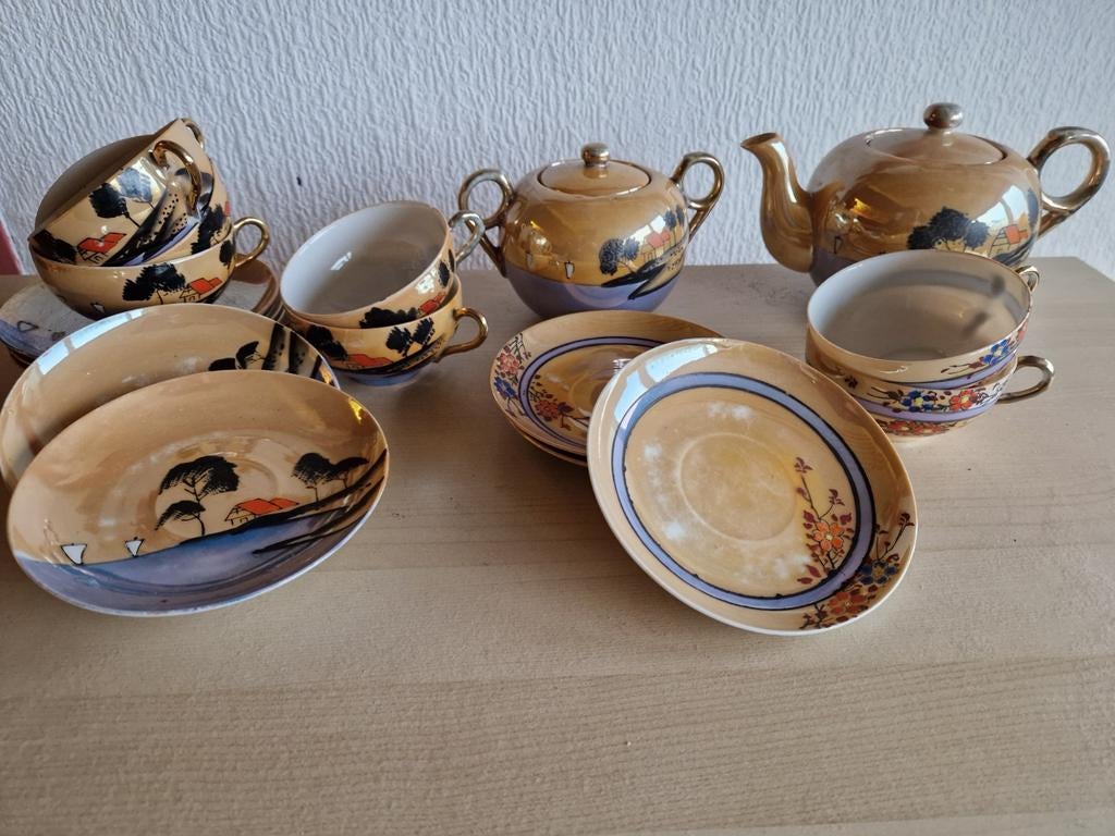 Japans vintage theeservies eierschaal porselein. Goudkleurig, Ophalen of Verzenden