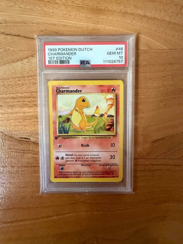 PSA 10 Charmander 1st Edition Base Set Dutch Pokémon Kaart, Ophalen of Verzenden, Nieuw, Losse kaart