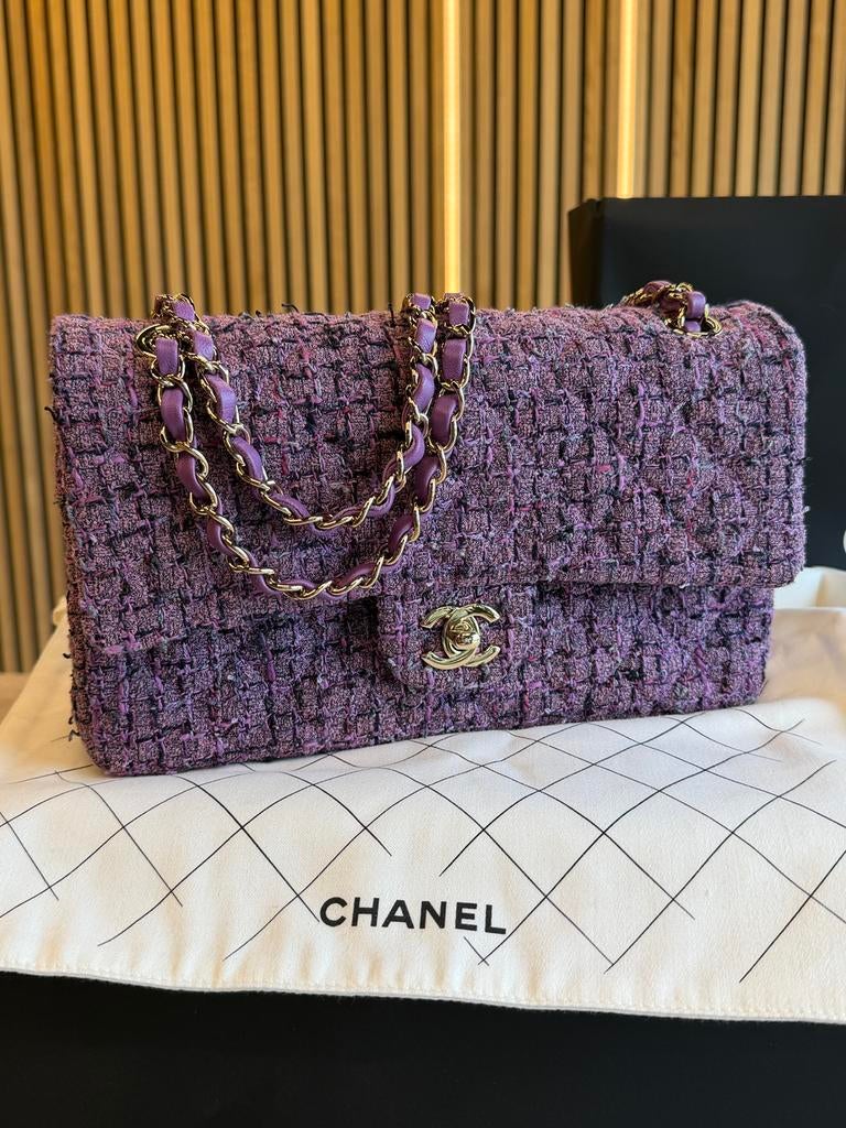 Chanel Classic Flap Bag 11.12 Purple Black Tweed, Schoudertasje, Paars, Zo goed als nieuw, Chanel