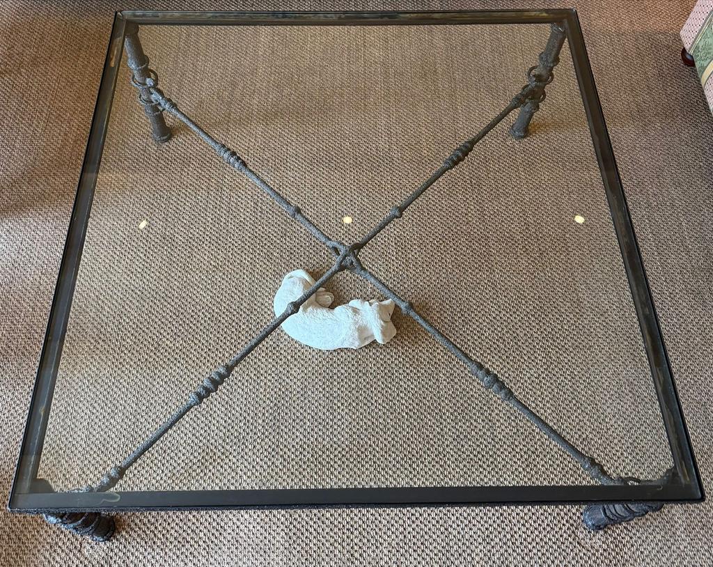 Salontafel met glasplaat en stalen frame, Gebruikt, 100 tot 150 cm, Vierkant, Ophalen of Verzenden