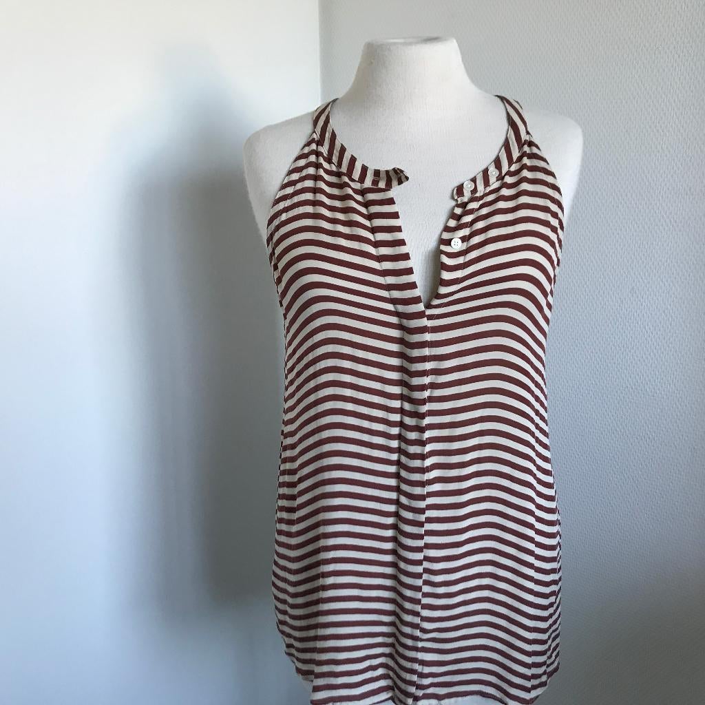 Closed gestreepte top maat M  zijde silk, Maat 38/40 (M), Verzenden, Beige, Zo goed als nieuw