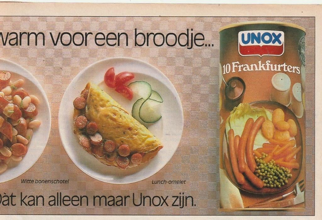 Retro reclame 1986 Unox Frankfurters worstjes ideetjes, Verzenden, Overige typen