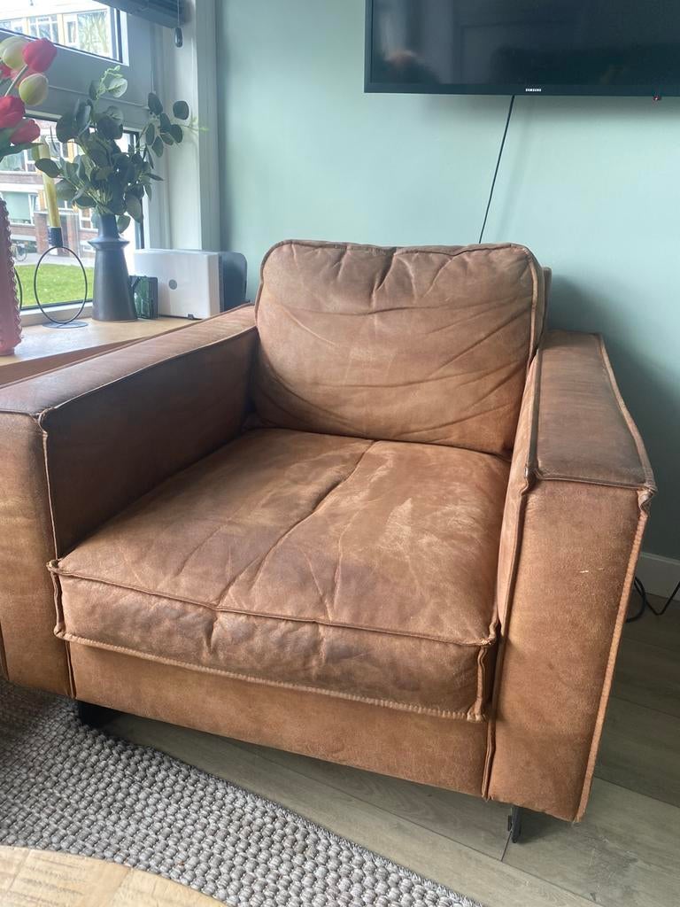 Cognac kleurige fauteuil, Ophalen, Gebruikt, 75 tot 100 cm, Stof