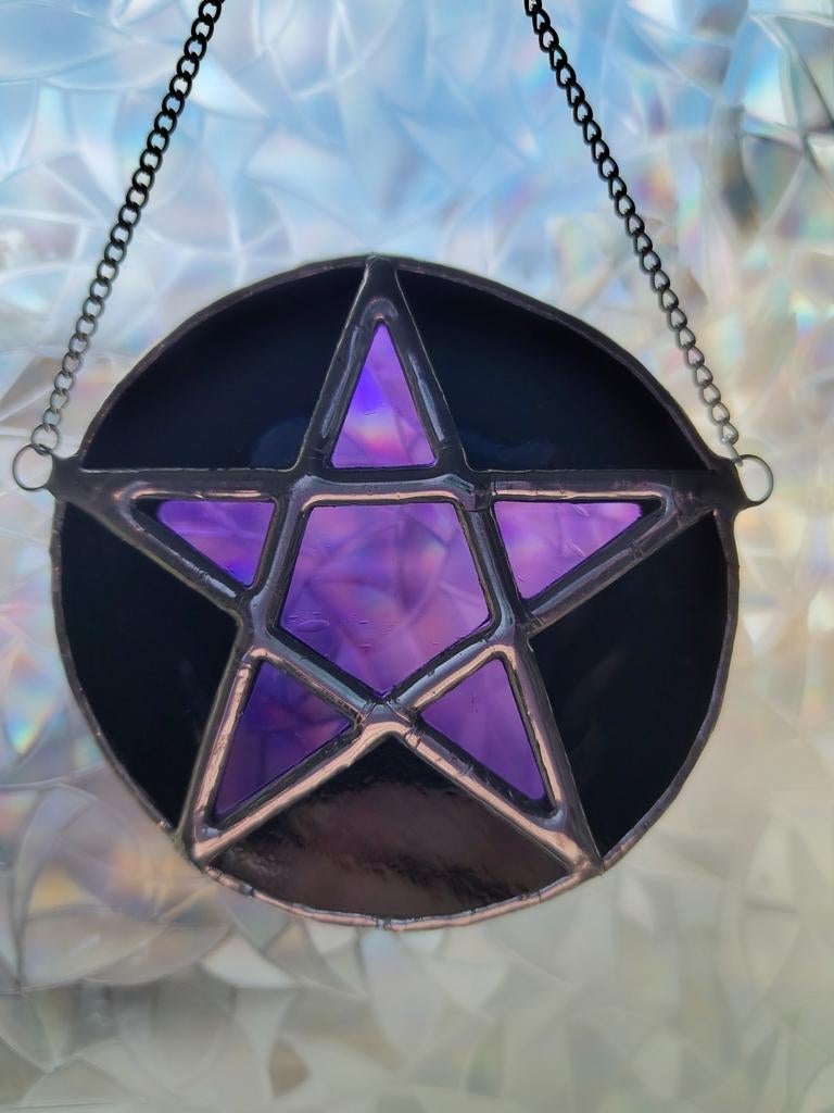 Handgemaakte glas in lood pentagram raamhanger(paars), Ophalen of Verzenden