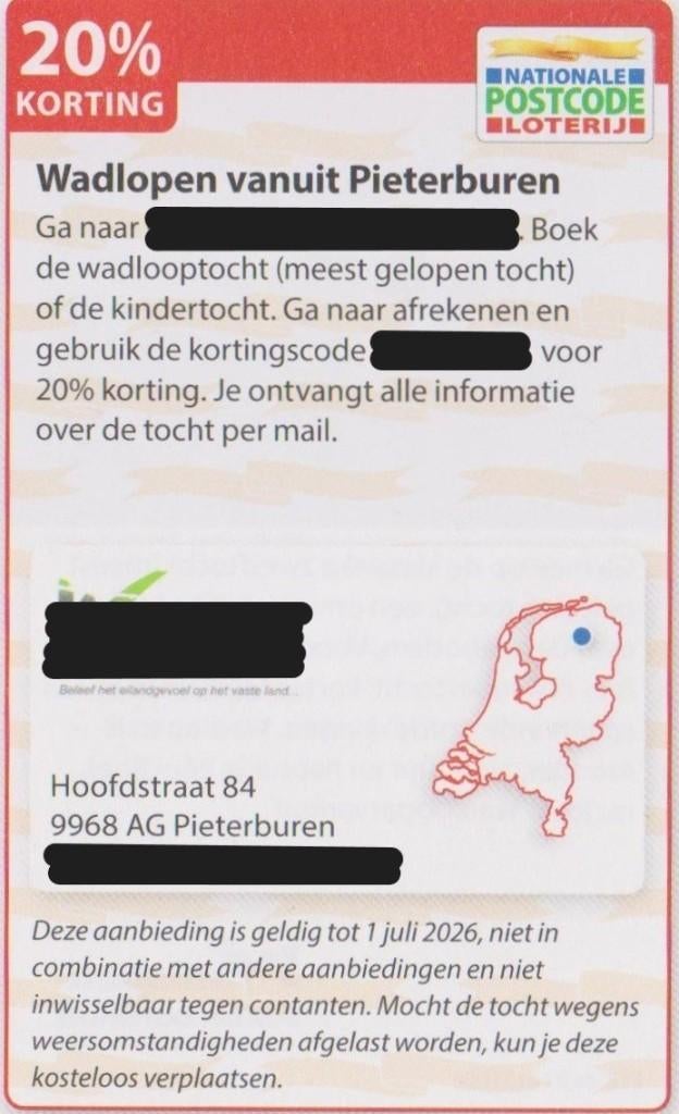 Wadlopen vanuit Pieterburen 20% korting. Postcodeloterij bon, Drie personen of meer, Kortingsbon