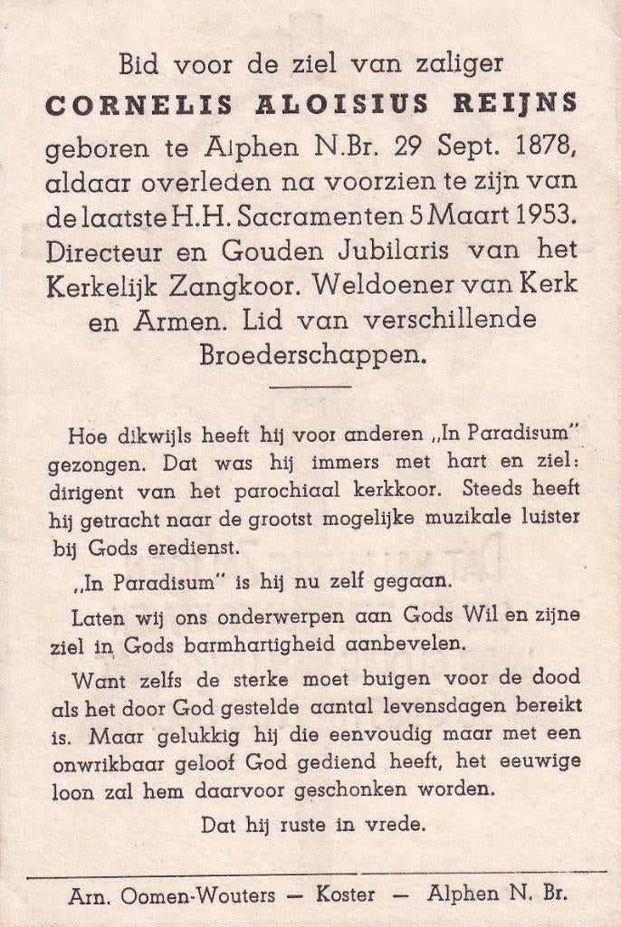 Reijns Cornelis 1878 Alphen 1953, Ophalen of Verzenden, Bidprentje
