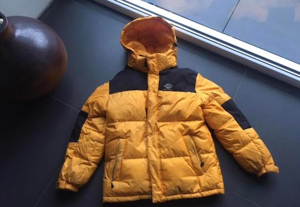 Dickies Original waterdichte jas geel zwart, Kleding | Heren, Jassen | Winter, Ophalen of Verzenden, Gedragen, Maat 48/50 (M)