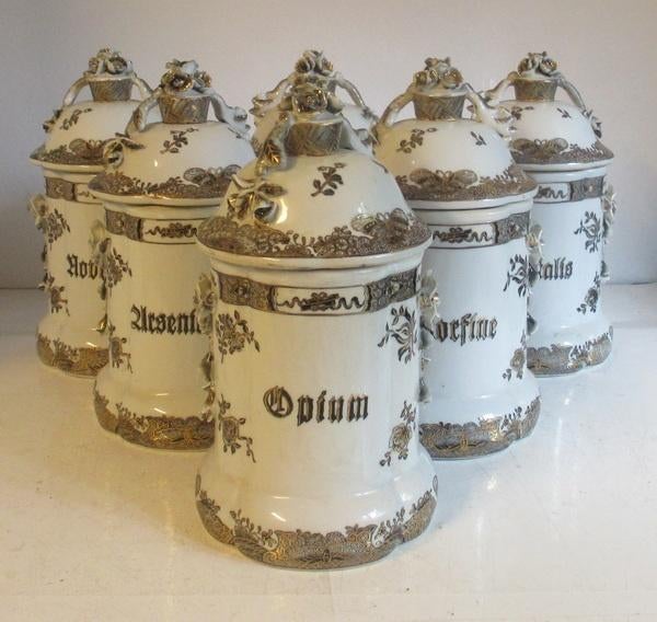 unieke 19eeuwse porseleinen apothekers potten kruiden, Ophalen