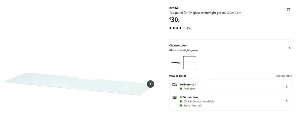 BESTÅ Toppaneel voor tv, glas wit/lichtgroen, 120x40 cm, Ophalen, Gebruikt, Glas