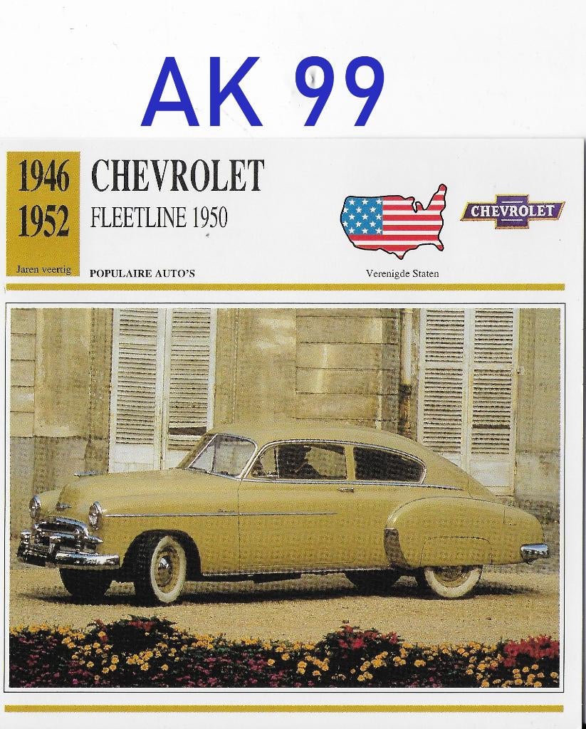 Ak99 autokaart chevrolet fleetline 1950 ( 1946 - 1952 ), Ophalen of Verzenden, Zo goed als nieuw, Auto's