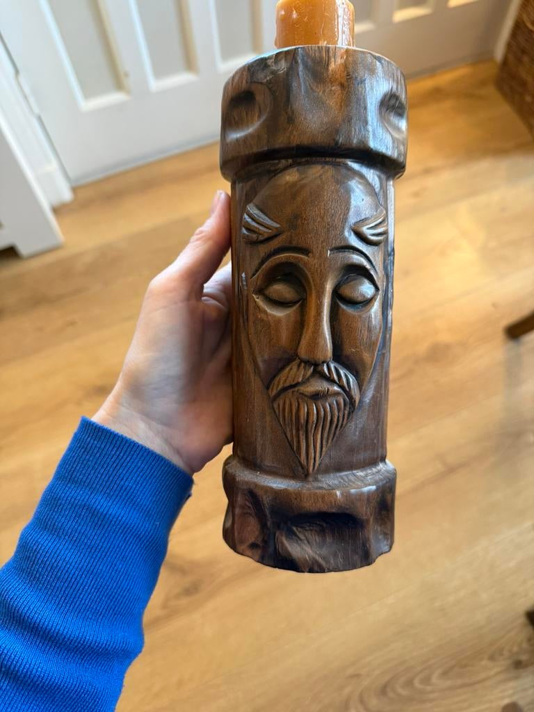 Handgesneden man kandelaar bosman heilige gezicht hout, Ophalen of Verzenden