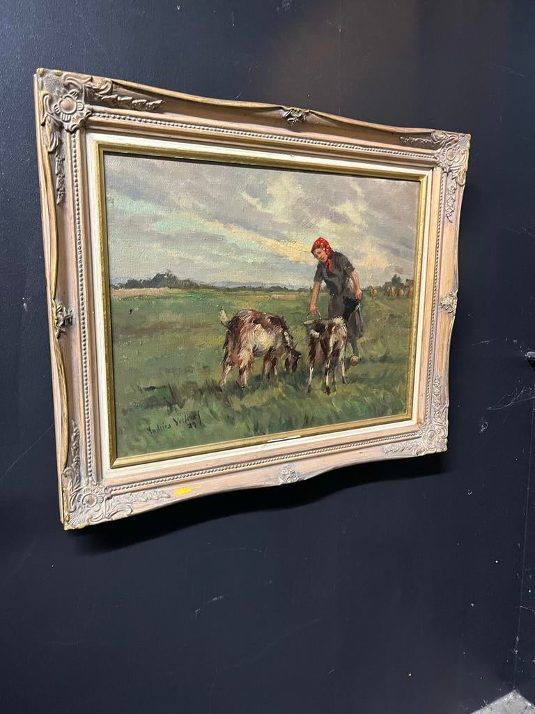 Schilderij Andries Verleur: Boerin met geiten, Antiek en Kunst, Kunst | Schilderijen | Klassiek, Ophalen of Verzenden