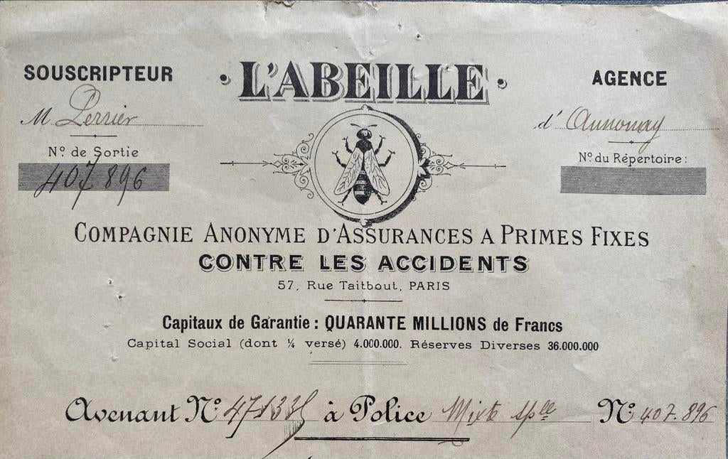 Aandeel L'Abeille Verzekeringsmaatschappij Parijs 1911, Ophalen of Verzenden, Voor 1920, Aandeel