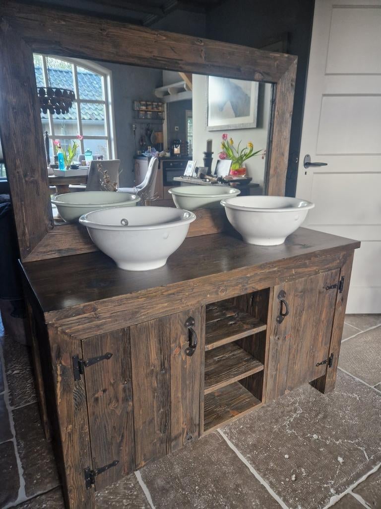 Badkamermeubel met dubbele waskom en spiegel, Ophalen, Gebruikt, 100 tot 150 cm, Minder dan 100 cm