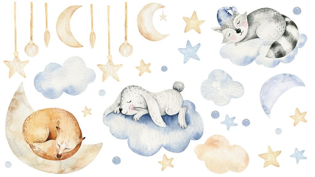 Slapende dieren op wolkjes muurstickers XXL set 2, babykamer, Verzenden, Minder dan 10 m², Babykamer, kinderkamer, jongenskamer, meisjeskamer, muursticker