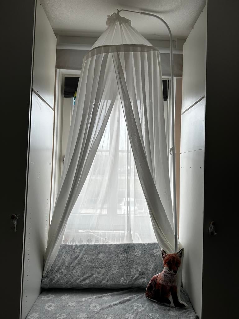 Klamboe met standaard (piekstok)  in hoogte verstelbaar, Ophalen, Wit, 50 tot 100 cm, Zo goed als nieuw