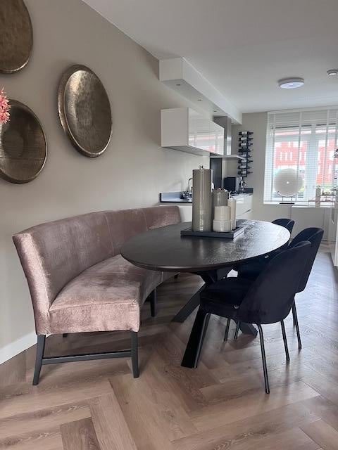 Luxe Eettafel Bank - Taupe Satijn met Zwarte Houten Poten, Huis en Inrichting, Tafels | Eettafels, Ophalen, 150 tot 200 cm, 200 cm of meer