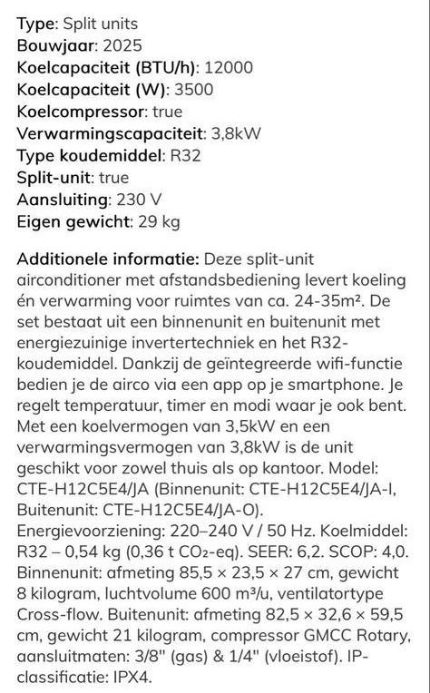 Nieuw! Airco 3.5 KW Split Unit met WiFi en Afstandsbediening, Witgoed en Apparatuur, Airco's, Nieuw, 3 snelheden of meer, Ophalen of Verzenden