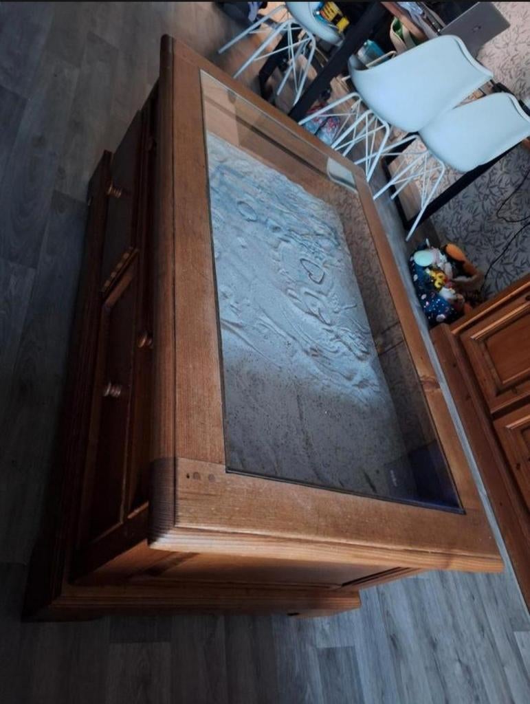 Grenen salontafel met glasplaat en 2 lades, Huis en Inrichting, Tafels | Salontafels, Ophalen, Gebruikt, 100 tot 150 cm, 50 tot 100 cm