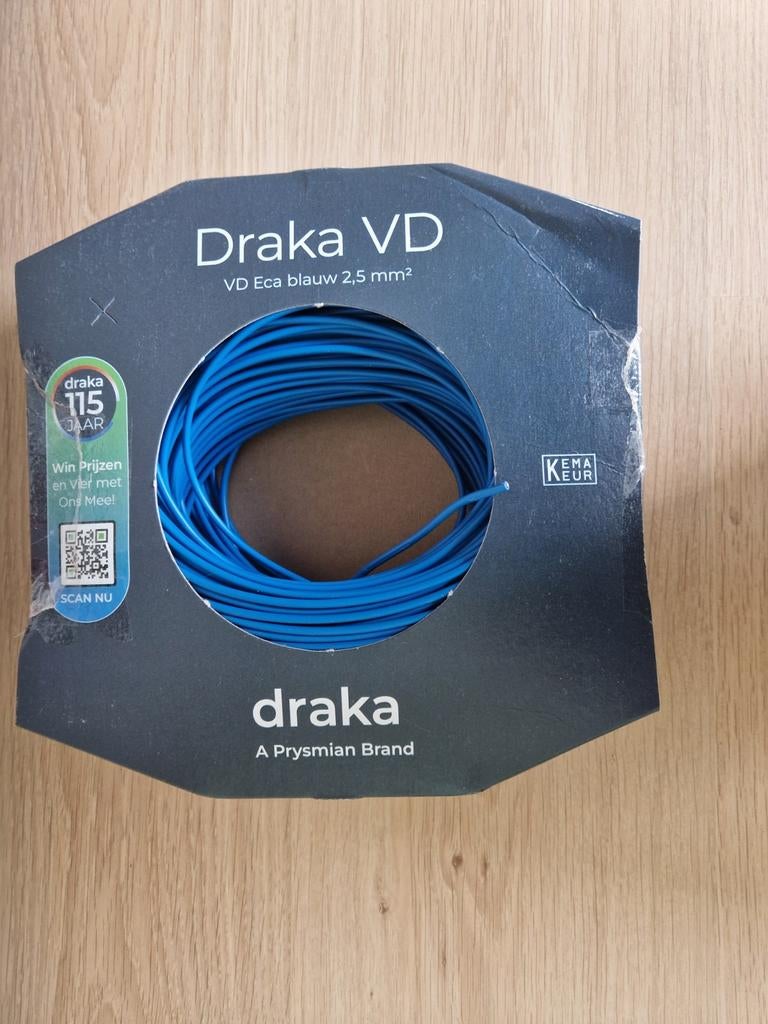 Draka VD Eca installatiedraad H07V-U 2,5 mm² blauw, Verzenden, Nieuw, Kabel of Snoer