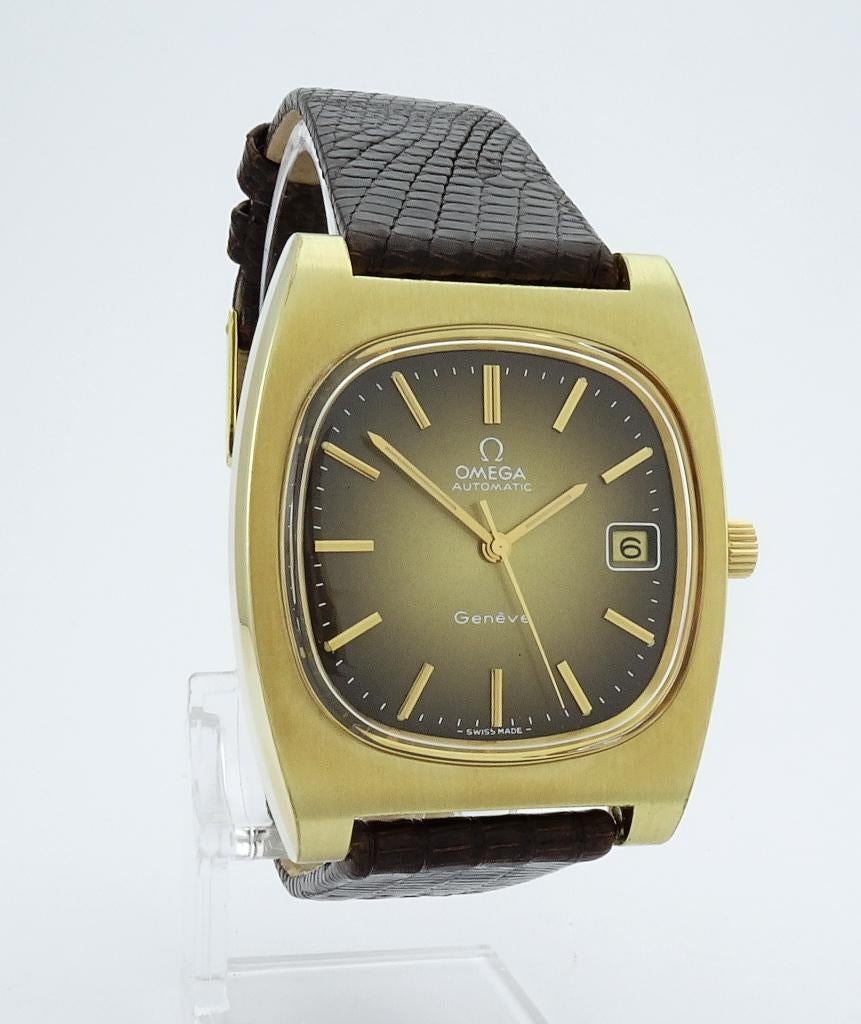 Omega Geneve auto date 1973 Excellente cond, Ophalen, Leer, Staal, Polshorloge