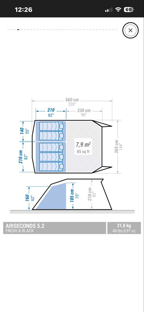 QUECHUA Opblaasbare tent Air Seconds 5.2 Fresh & Black, Caravans en Kamperen, Ophalen of Verzenden, Zo goed als nieuw, Tot en met 5