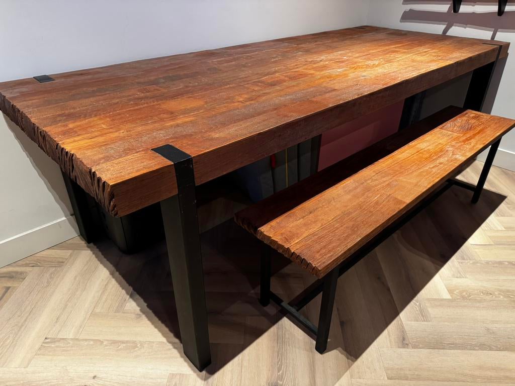 Robuuste eettafel 100x250cm met bankje, Ophalen, 200 cm of meer, 50 tot 100 cm, Zo goed als nieuw